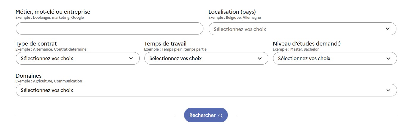 Capture d'écran du moteur de recherche "Emplois en Europe" présentant les filtres "Métiers, mot-clef ou entreprise", "Localisation (pays), "Type de contrat", "Temps de travail", "Niveau d'études demandé", "Domaines"